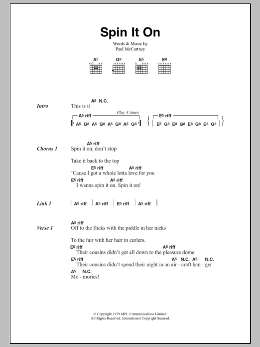 Paul McCartney & Wings Spin It On Sheet Music Notes & Chords for Lyrics & Chords - Download or Print PDF