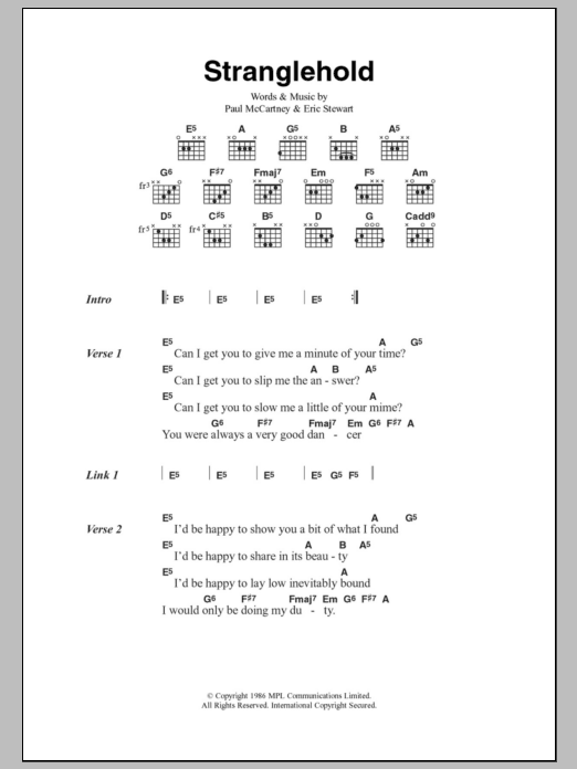 Paul McCartney Stranglehold Sheet Music Notes & Chords for Lyrics & Chords - Download or Print PDF