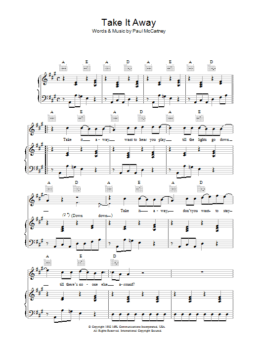 Paul McCartney Take It Away Sheet Music Notes & Chords for Lyrics & Chords - Download or Print PDF