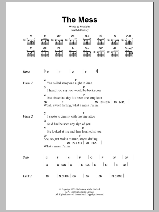 Paul McCartney & Wings The Mess Sheet Music Notes & Chords for Lyrics & Chords - Download or Print PDF