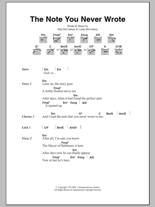 Paul McCartney & Wings The Note You Never Wrote Sheet Music Notes & Chords for Lyrics & Chords - Download or Print PDF