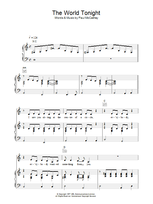 Paul McCartney The World Tonight Sheet Music Notes & Chords for Piano, Vocal & Guitar (Right-Hand Melody) - Download or Print PDF