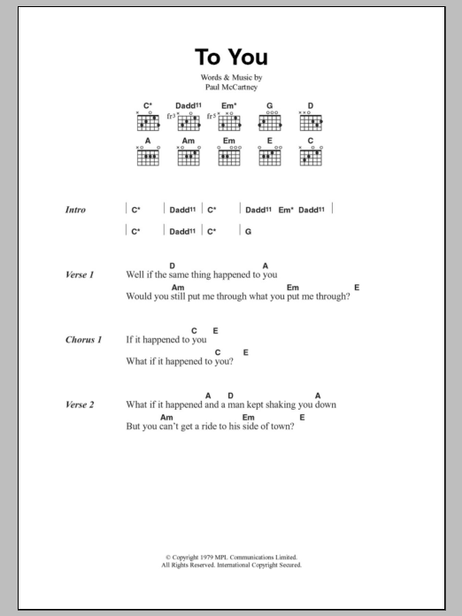 Paul McCartney To You Sheet Music Notes & Chords for Lyrics & Chords - Download or Print PDF
