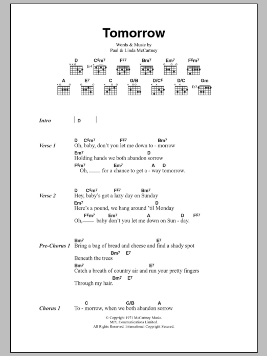 Paul McCartney Tomorrow Sheet Music Notes & Chords for Lyrics & Chords - Download or Print PDF