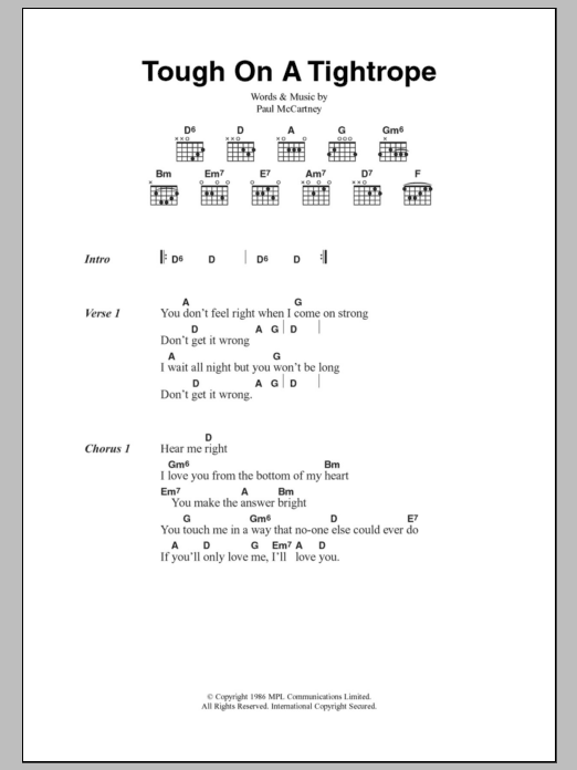 Paul McCartney Tough On A Tightrope Sheet Music Notes & Chords for Lyrics & Chords - Download or Print PDF