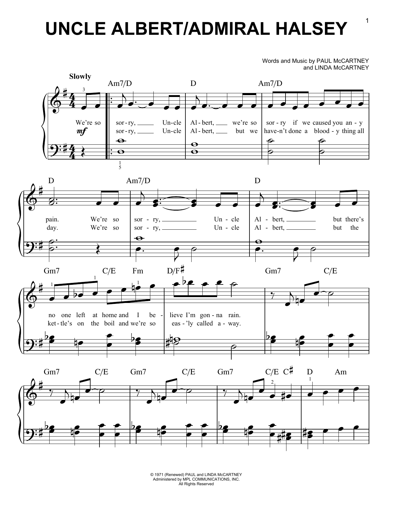 Paul McCartney Uncle Albert/Admiral Halsey Sheet Music Notes & Chords for Easy Piano - Download or Print PDF