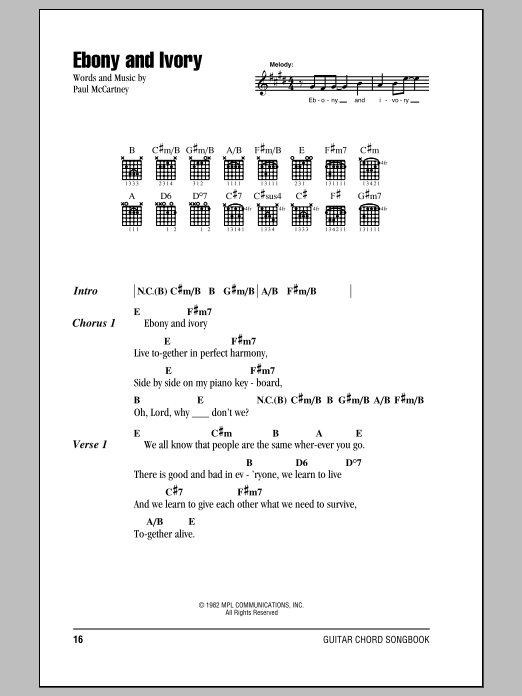 Paul McCartney w/Stevie Wonder Ebony And Ivory Sheet Music Notes & Chords for Lyrics & Chords - Download or Print PDF