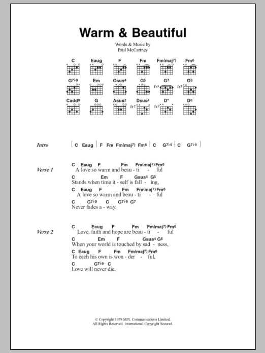 Paul McCartney & Wings Warm & Beautiful Sheet Music Notes & Chords for Lyrics & Chords - Download or Print PDF