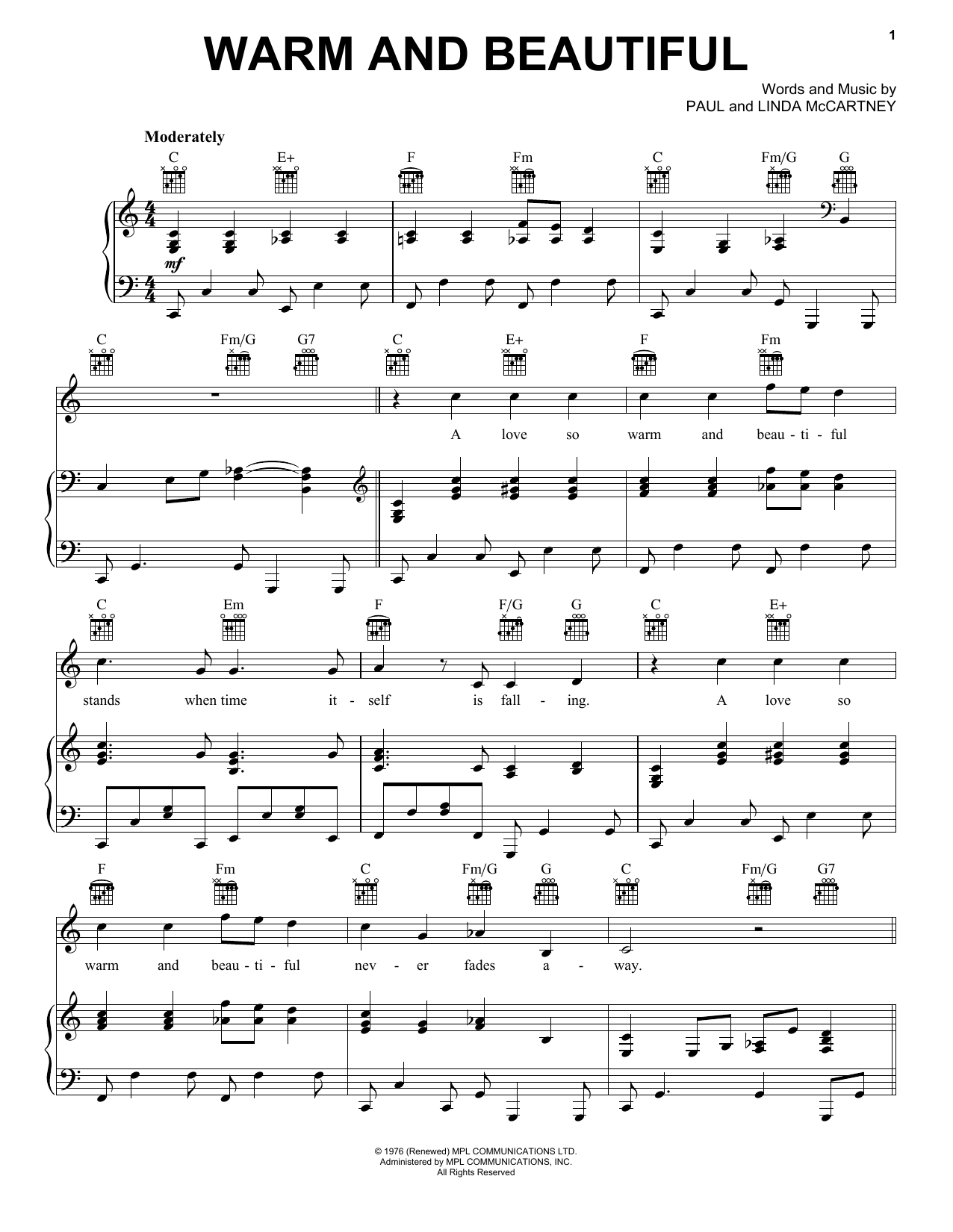 Paul McCartney Warm And Beautiful Sheet Music Notes & Chords for Piano, Vocal & Guitar (Right-Hand Melody) - Download or Print PDF