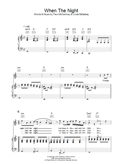 Paul McCartney When The Night Sheet Music Notes & Chords for Piano, Vocal & Guitar - Download or Print PDF