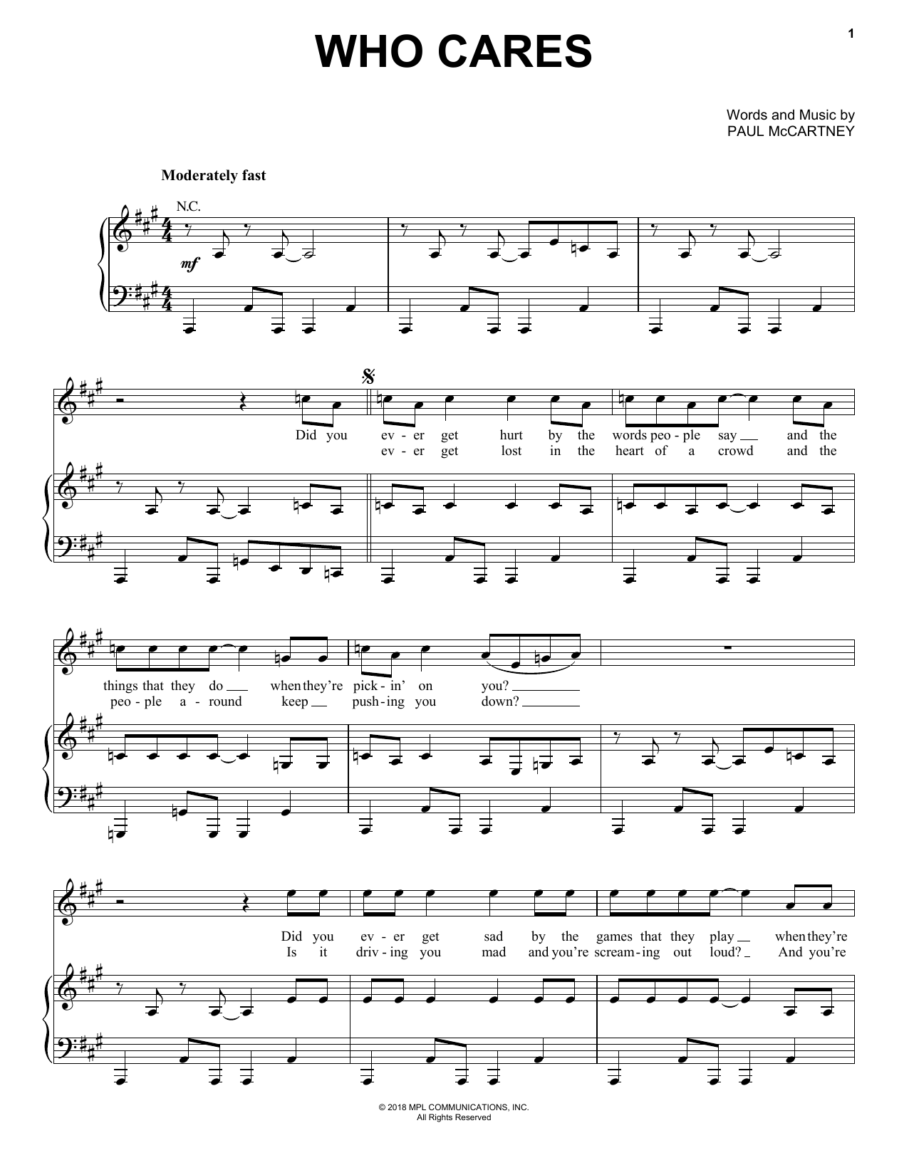 Paul McCartney Who Cares Sheet Music Notes & Chords for Piano, Vocal & Guitar (Right-Hand Melody) - Download or Print PDF
