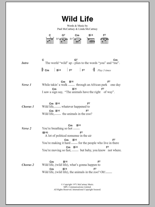 Paul McCartney & Wings Wild Life Sheet Music Notes & Chords for Lyrics & Chords - Download or Print PDF