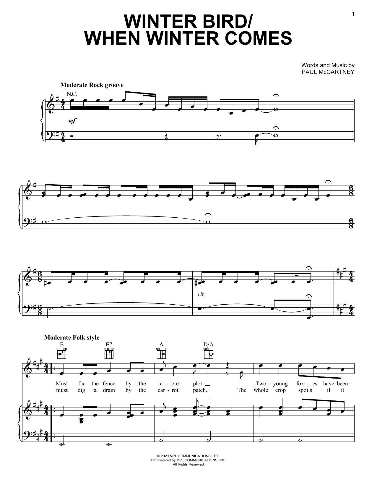 Paul McCartney Winter Bird / When Winter Comes Sheet Music Notes & Chords for Piano, Vocal & Guitar (Right-Hand Melody) - Download or Print PDF