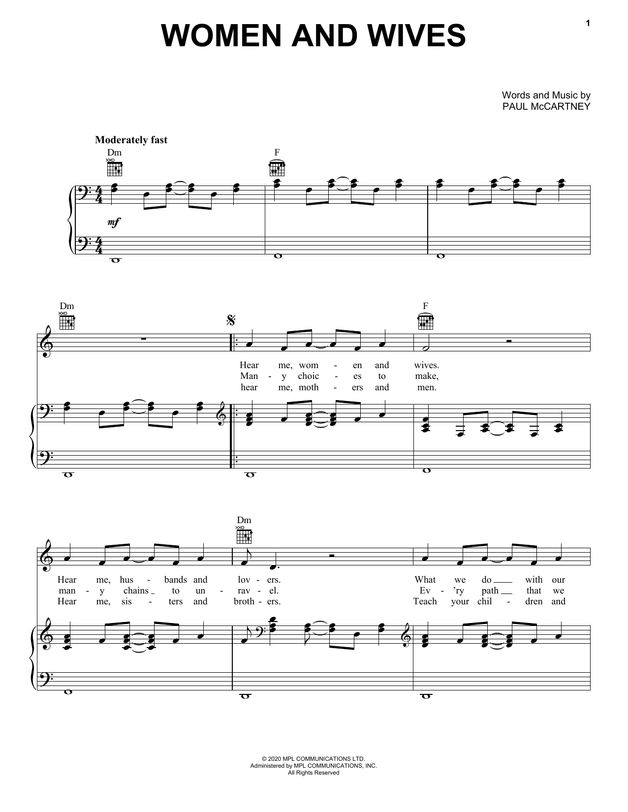 Paul McCartney Women And Wives Sheet Music Notes & Chords for Piano, Vocal & Guitar (Right-Hand Melody) - Download or Print PDF