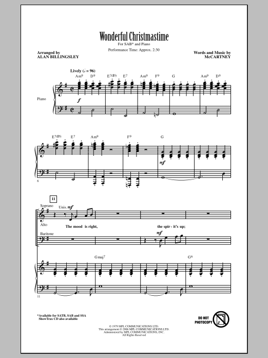 Paul McCartney Wonderful Christmastime (arr. Alan Billingsley) Sheet Music Notes & Chords for SATB - Download or Print PDF