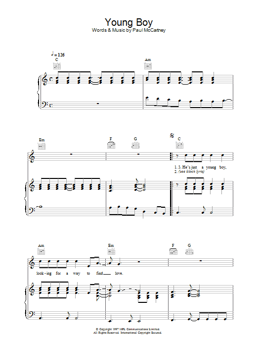 Paul McCartney Young Boy Sheet Music Notes & Chords for Keyboard - Download or Print PDF