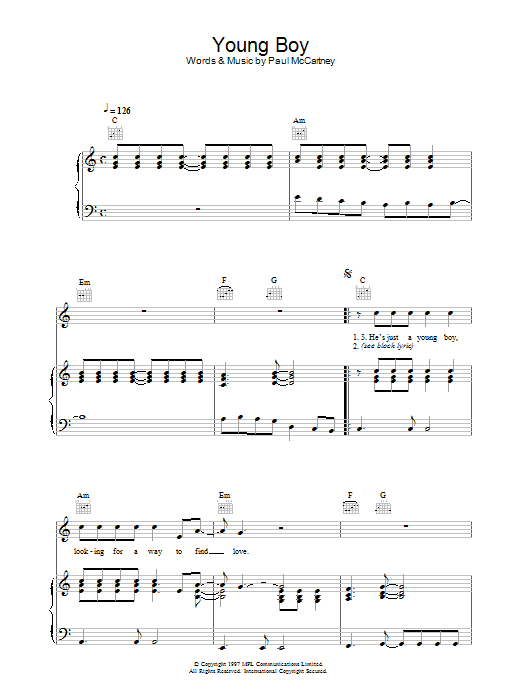 Paul McCartney Young Boy Sheet Music Notes & Chords for Lyrics & Chords - Download or Print PDF