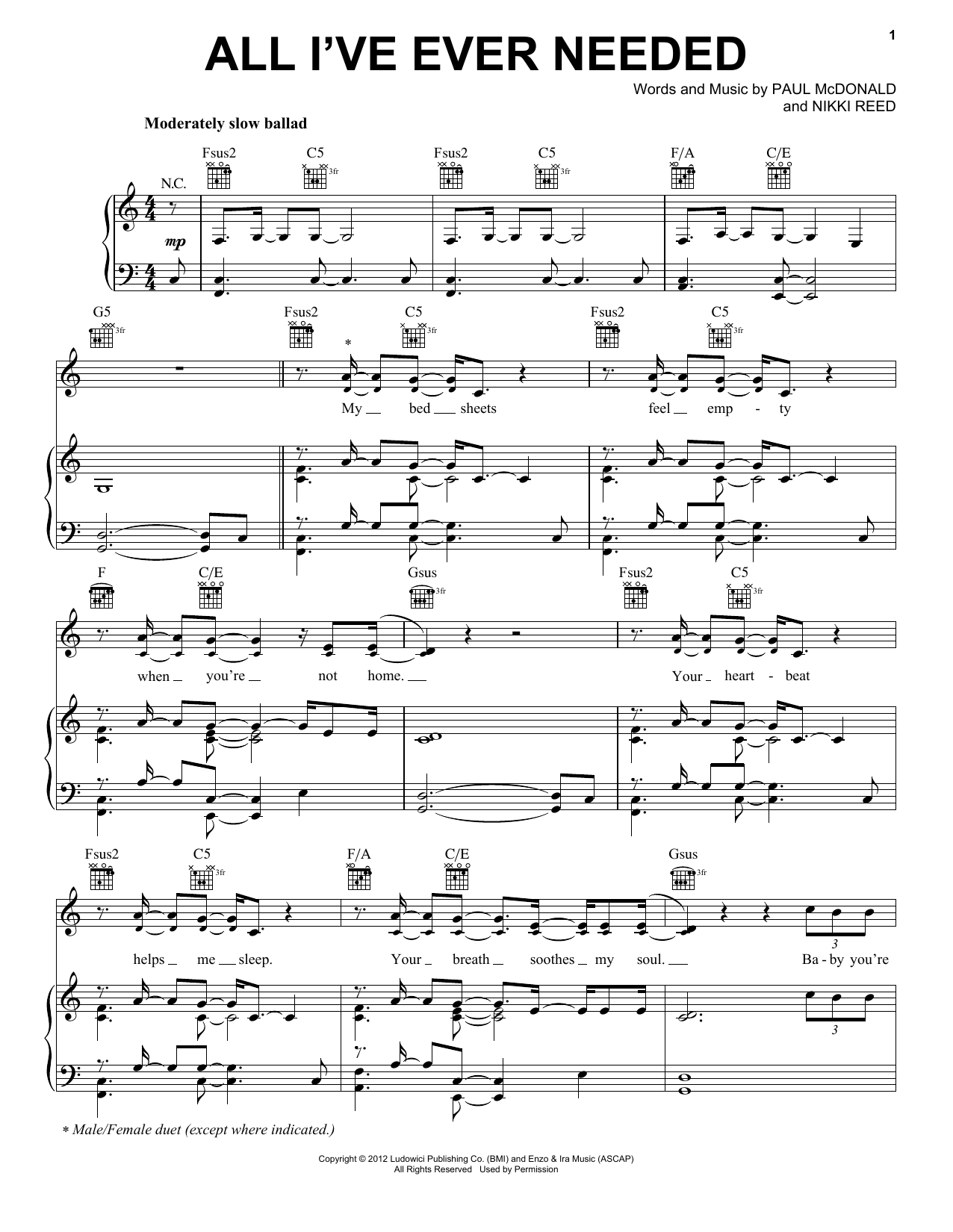 Paul McDonald & Nikki Reed All I've Ever Needed Sheet Music Notes & Chords for Piano, Vocal & Guitar Chords (Right-Hand Melody) - Download or Print PDF