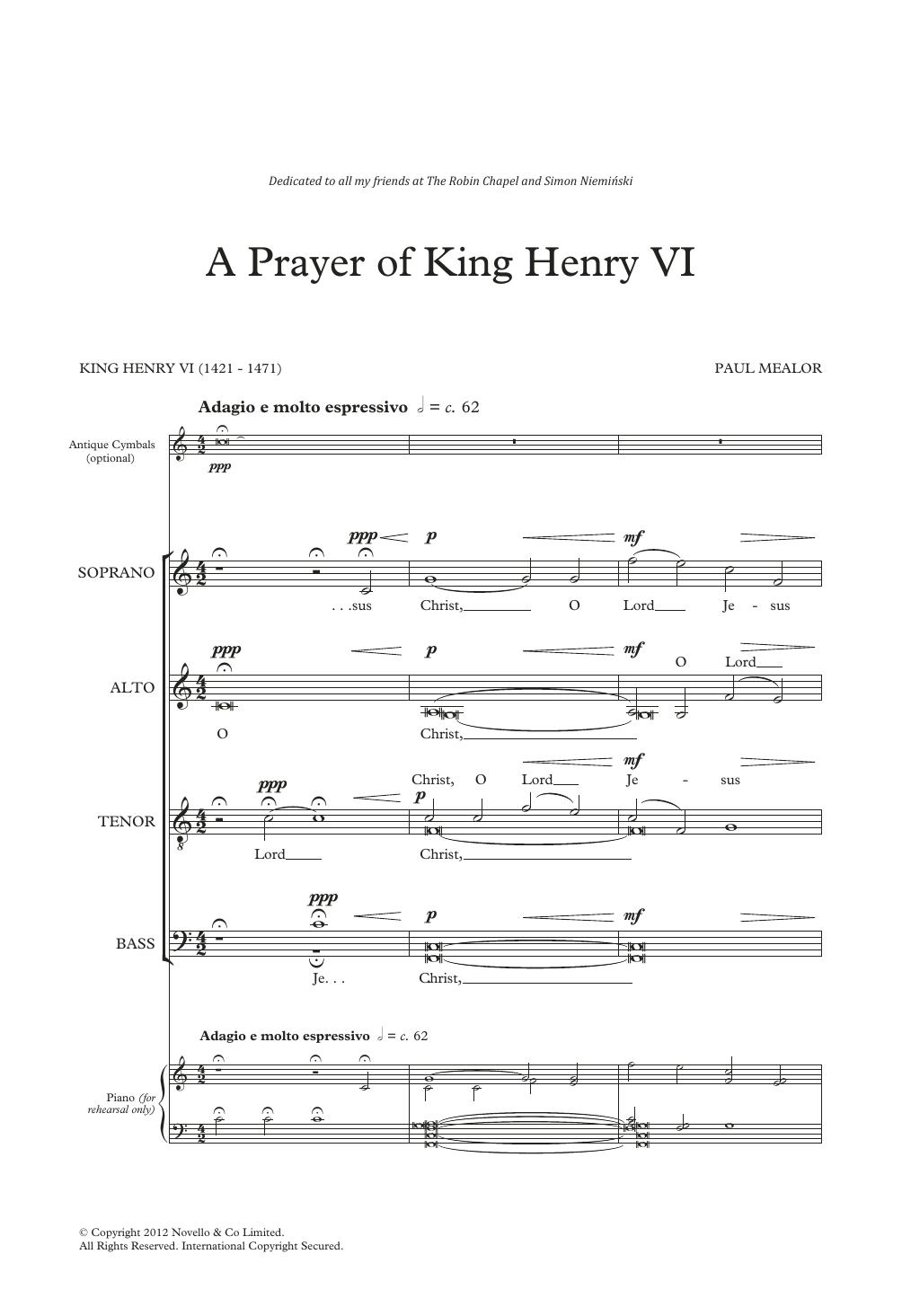 Paul Mealor A Prayer Of King Henry VI Sheet Music Notes & Chords for SATB Choir - Download or Print PDF