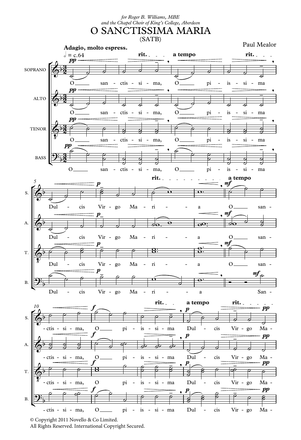 Paul Mealor O Sanctissima Maria Sheet Music Notes & Chords for TTBB Choir - Download or Print PDF