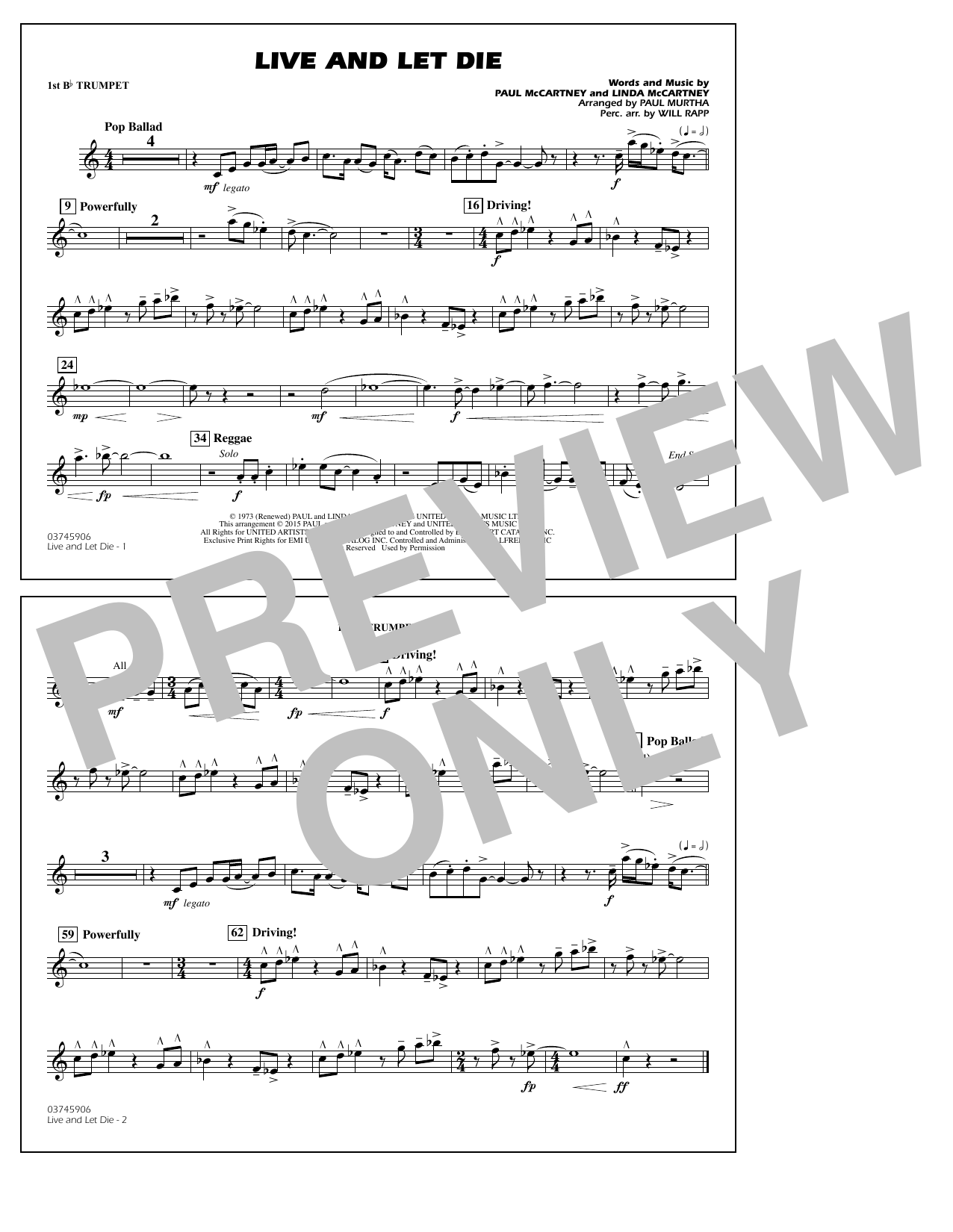 Paul Murtha Live and Let Die - 1st Bb Trumpet Sheet Music Notes & Chords for Marching Band - Download or Print PDF
