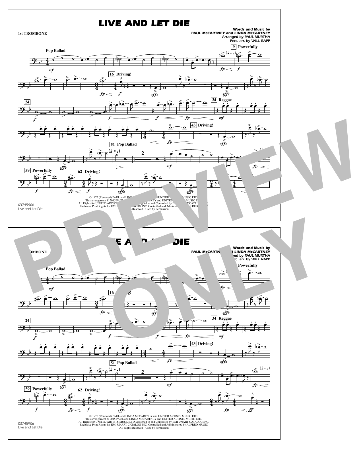 Paul Murtha Live and Let Die - 1st Trombone Sheet Music Notes & Chords for Marching Band - Download or Print PDF