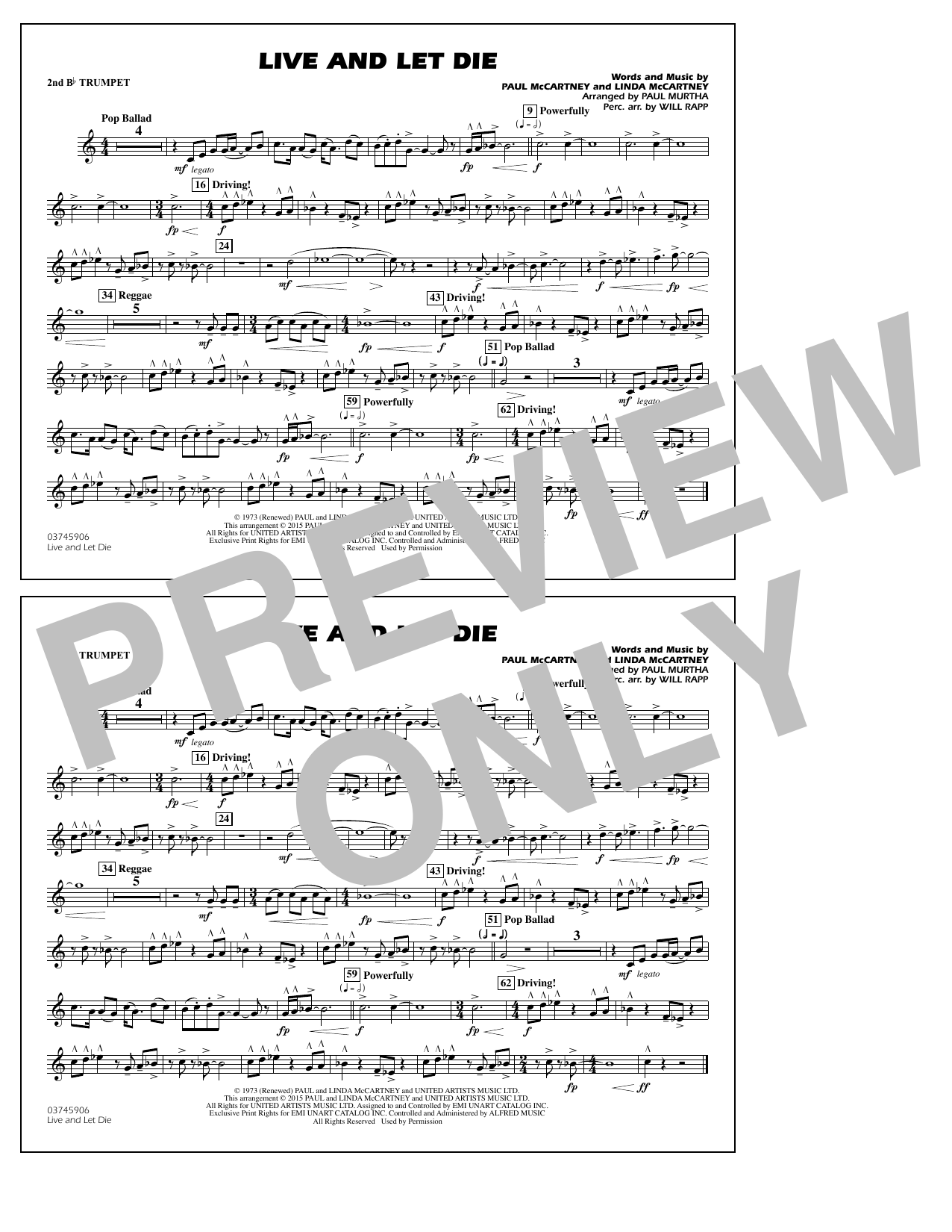 Paul Murtha Live and Let Die - 2nd Bb Trumpet Sheet Music Notes & Chords for Marching Band - Download or Print PDF