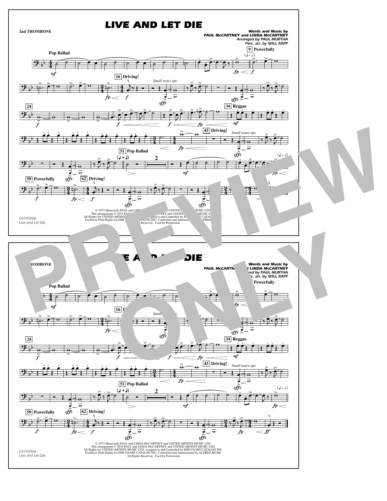 Paul Murtha Live and Let Die - 2nd Trombone Sheet Music Notes & Chords for Marching Band - Download or Print PDF