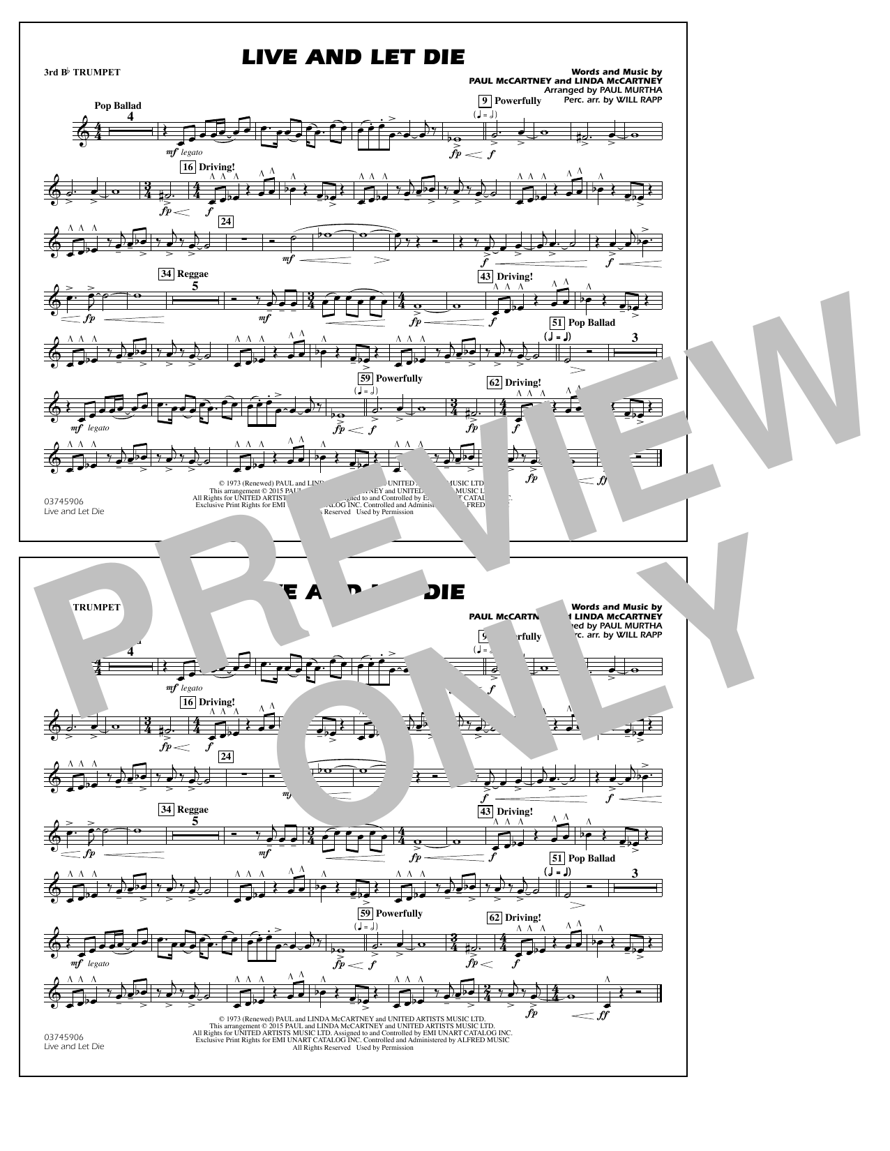 Paul Murtha Live and Let Die - 3rd Bb Trumpet Sheet Music Notes & Chords for Marching Band - Download or Print PDF