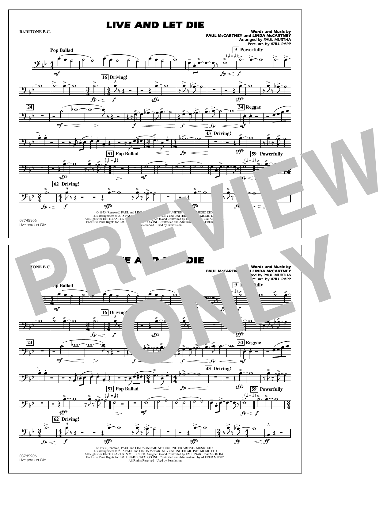 Paul Murtha Live and Let Die - Baritone B.C. Sheet Music Notes & Chords for Marching Band - Download or Print PDF