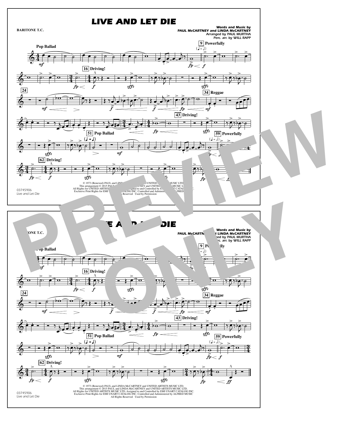Paul Murtha Live and Let Die - Baritone T.C. Sheet Music Notes & Chords for Marching Band - Download or Print PDF