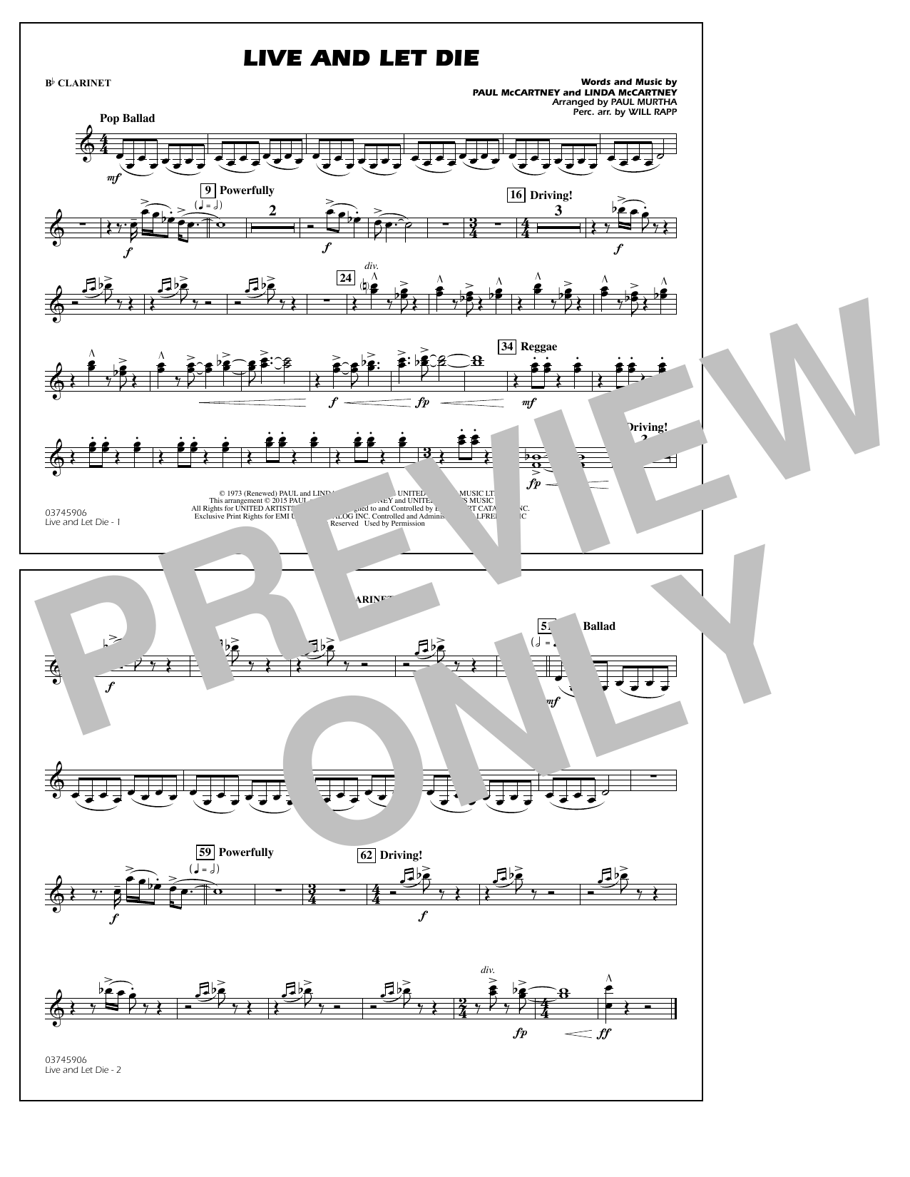 Paul Murtha Live and Let Die - Bb Clarinet Sheet Music Notes & Chords for Marching Band - Download or Print PDF