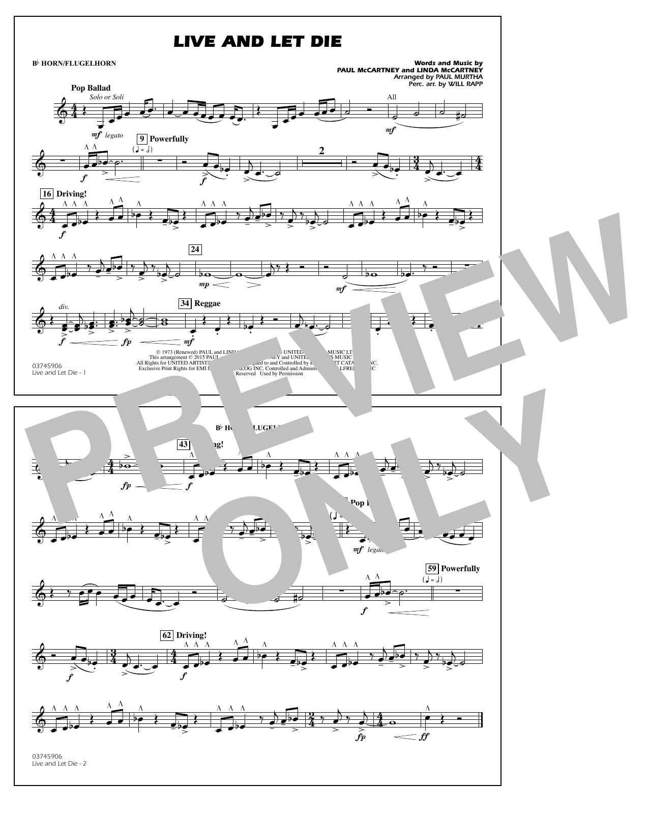 Paul Murtha Live and Let Die - Bb Horn/Flugelhorn Sheet Music Notes & Chords for Marching Band - Download or Print PDF