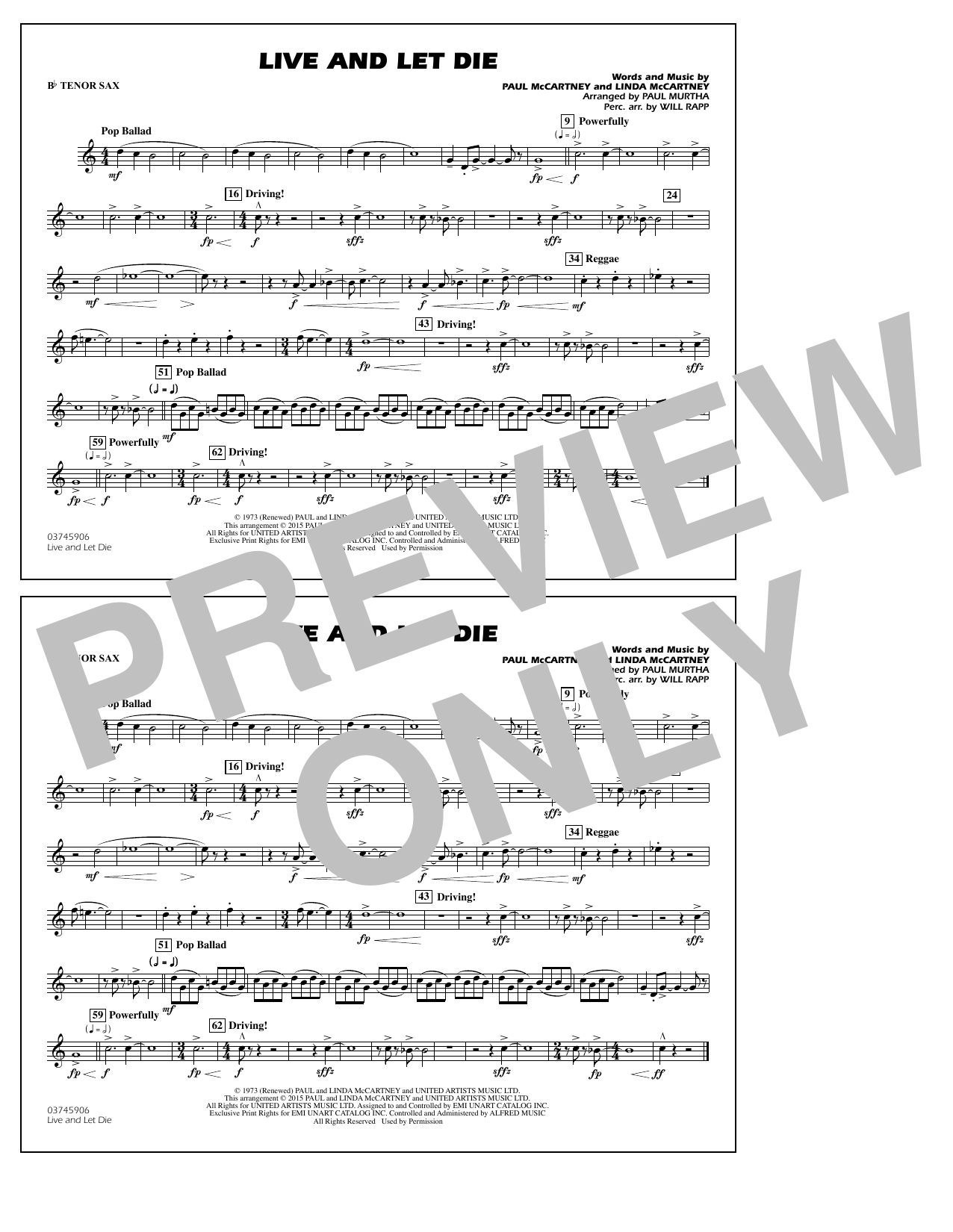 Paul Murtha Live and Let Die - Bb Tenor Sax Sheet Music Notes & Chords for Marching Band - Download or Print PDF