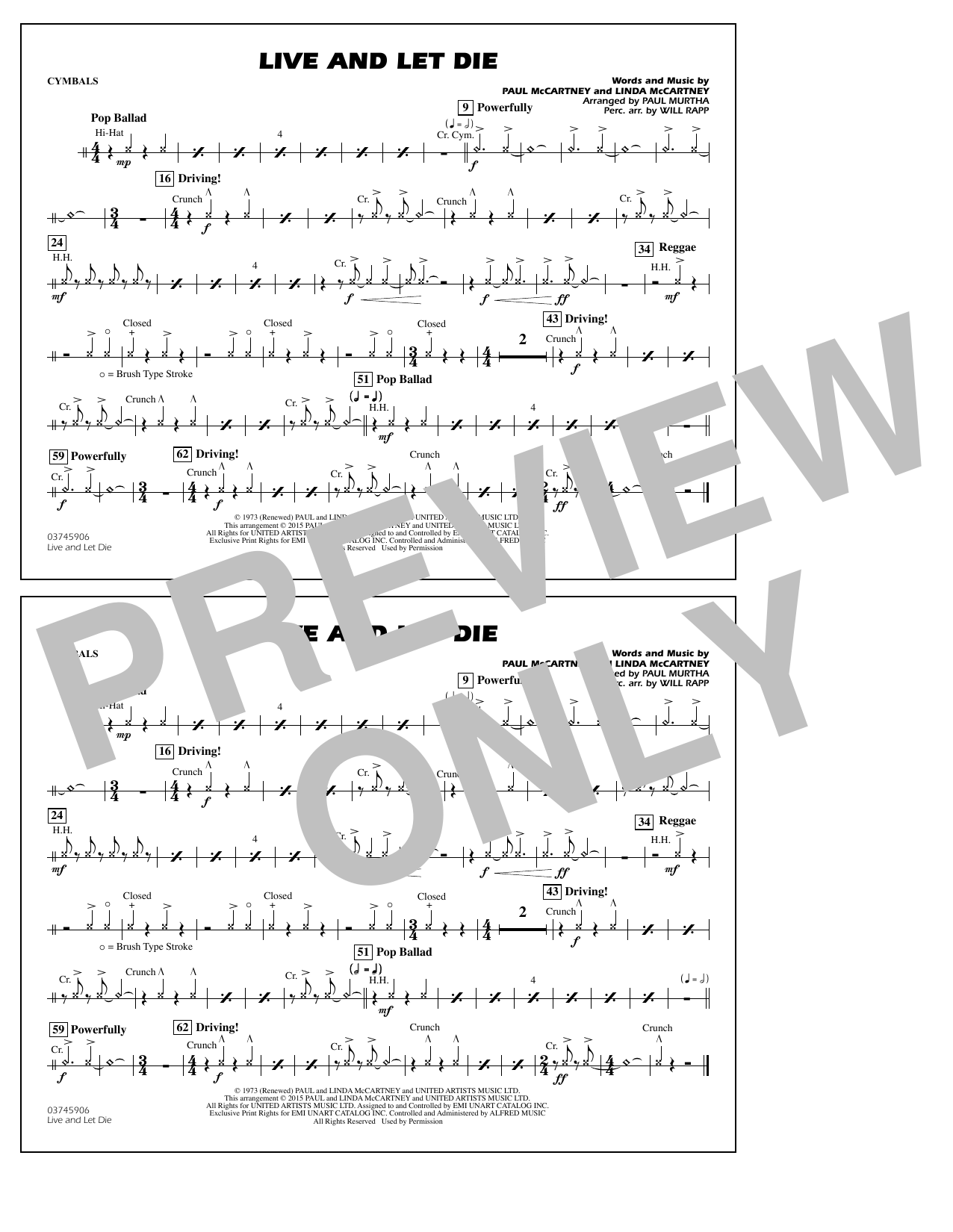 Paul Murtha Live and Let Die - Cymbals Sheet Music Notes & Chords for Marching Band - Download or Print PDF