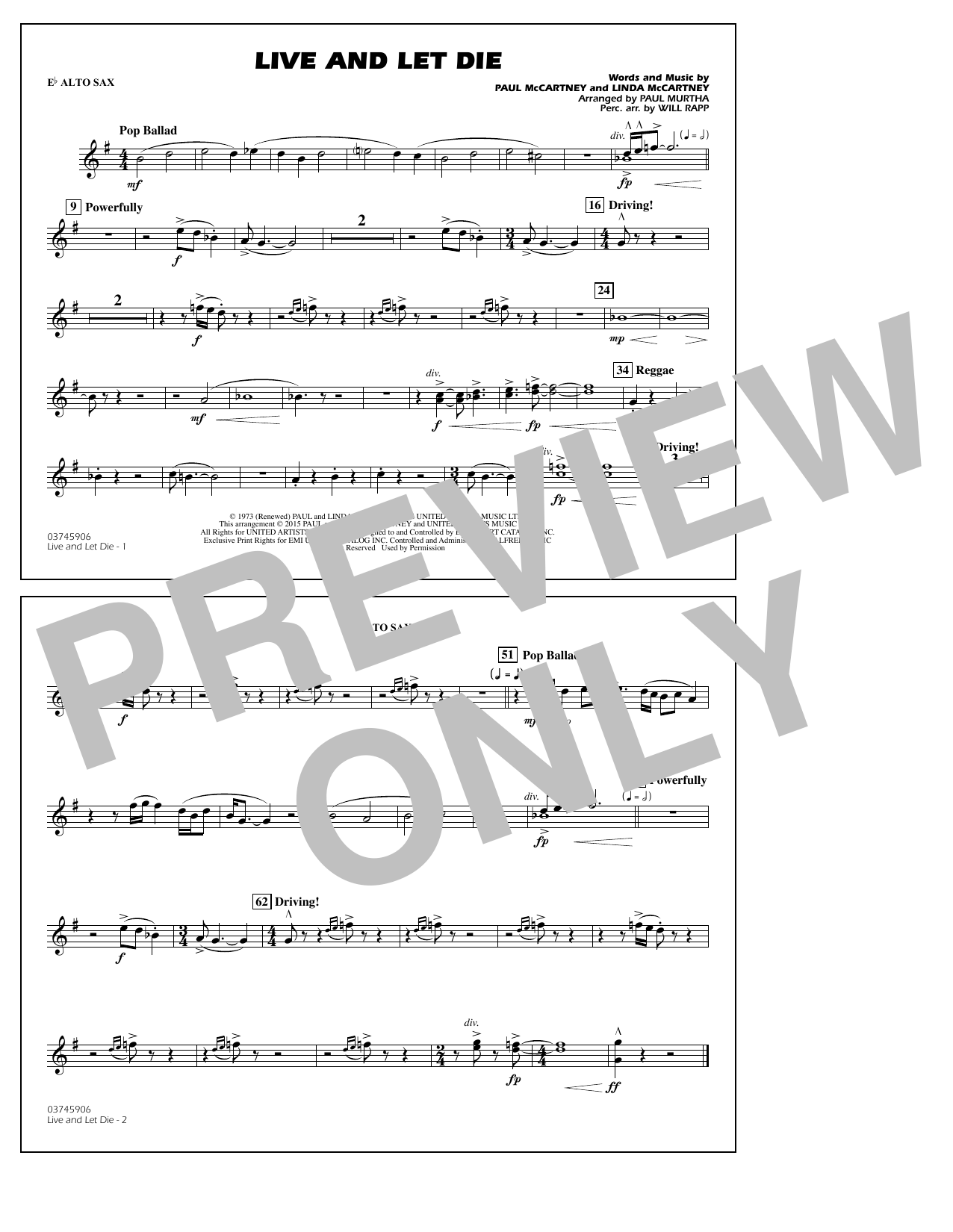 Paul Murtha Live and Let Die - Eb Alto Sax Sheet Music Notes & Chords for Marching Band - Download or Print PDF