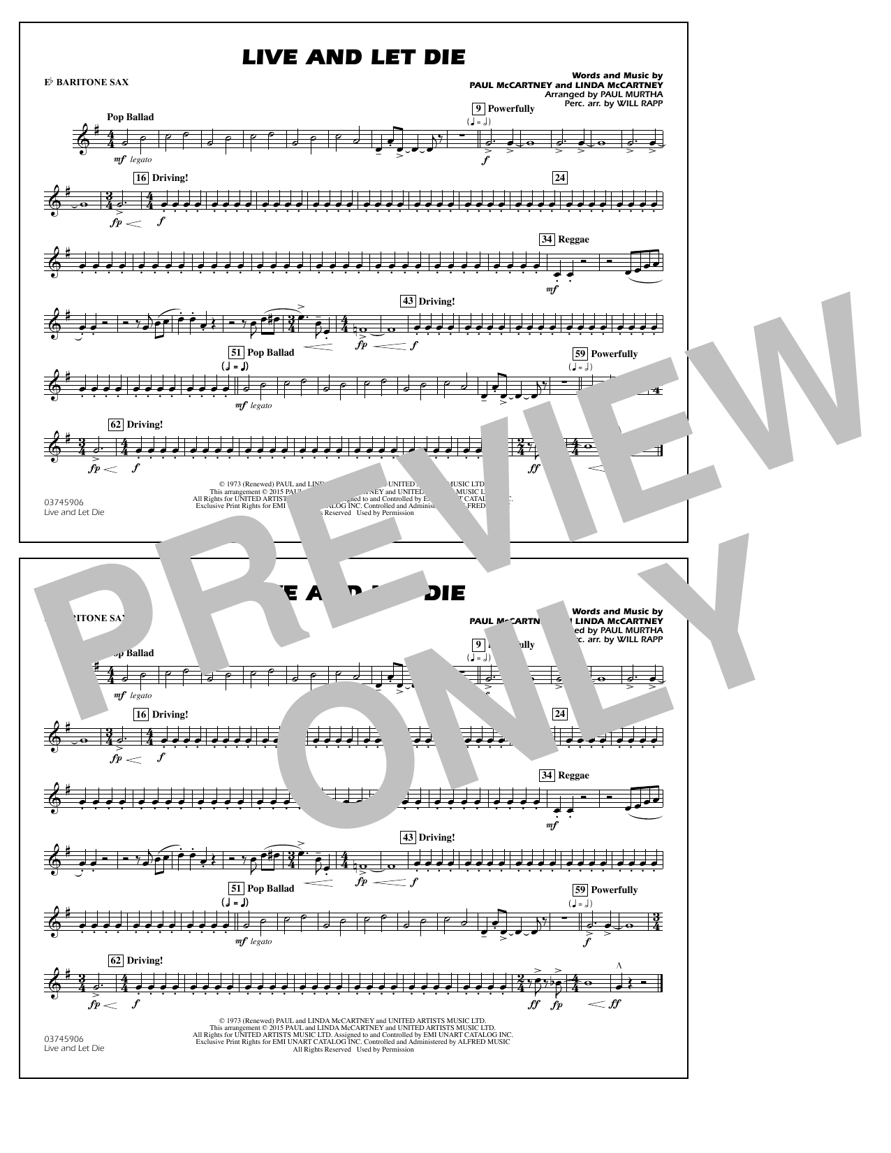 Paul Murtha Live and Let Die - Eb Baritone Sax Sheet Music Notes & Chords for Marching Band - Download or Print PDF