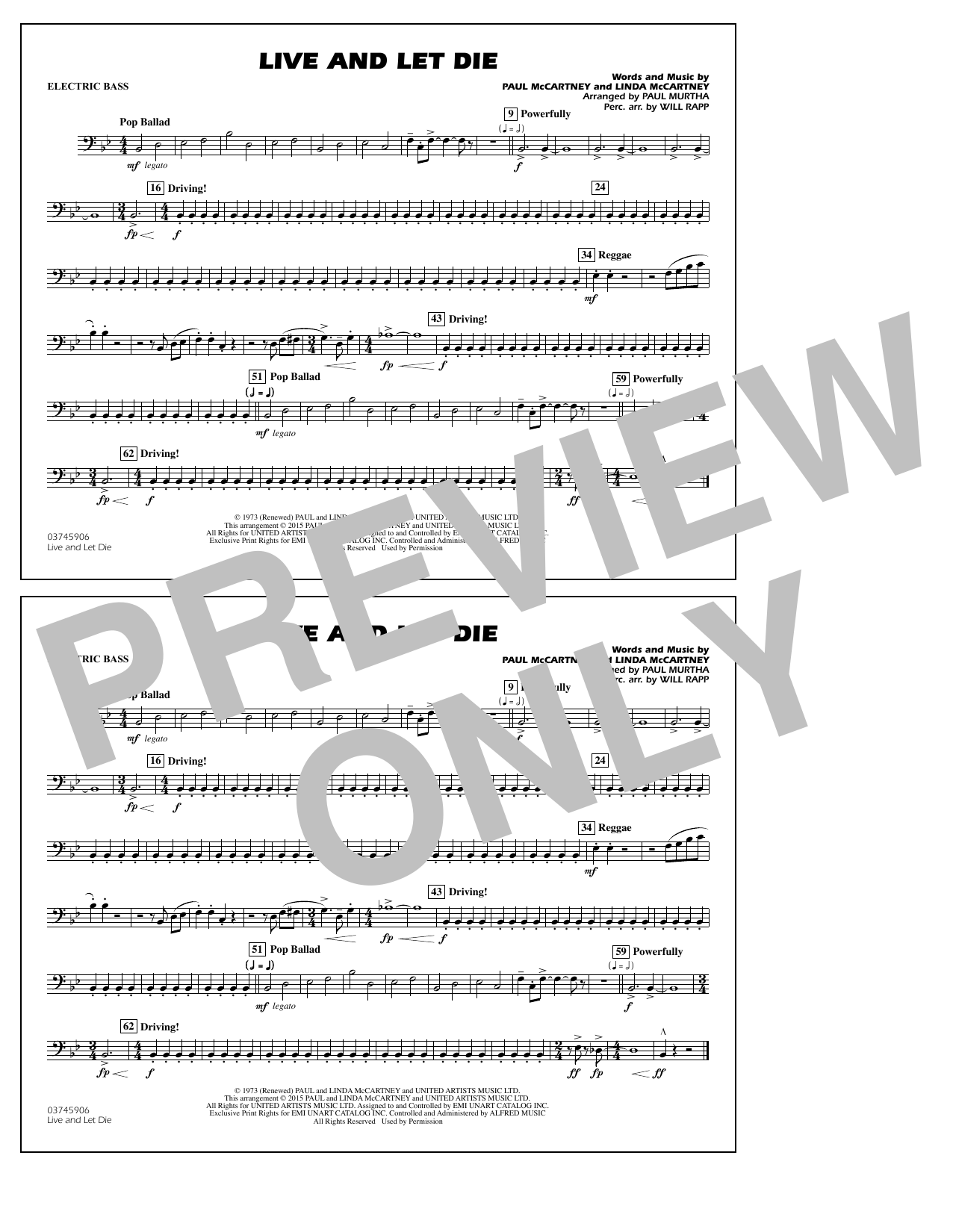 Paul Murtha Live and Let Die - Electric Bass Sheet Music Notes & Chords for Marching Band - Download or Print PDF