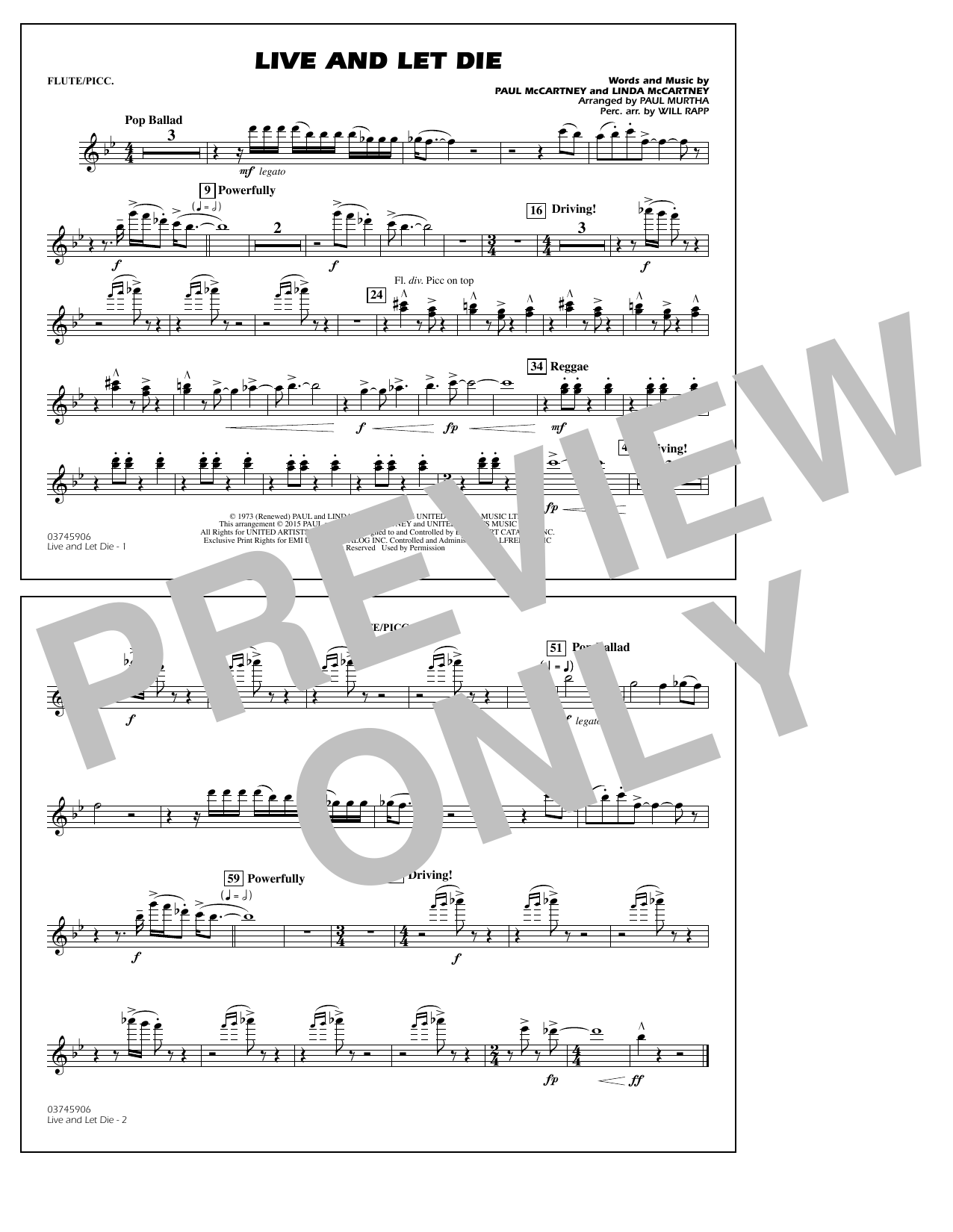 Paul Murtha Live and Let Die - Flute/Piccolo Sheet Music Notes & Chords for Marching Band - Download or Print PDF