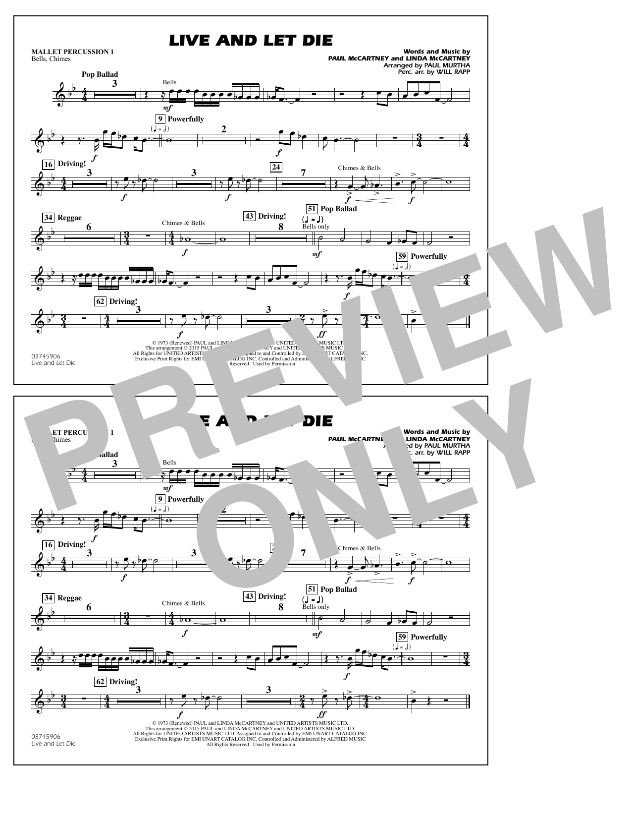 Paul Murtha Live and Let Die - Mallet Percussion 1 Sheet Music Notes & Chords for Marching Band - Download or Print PDF