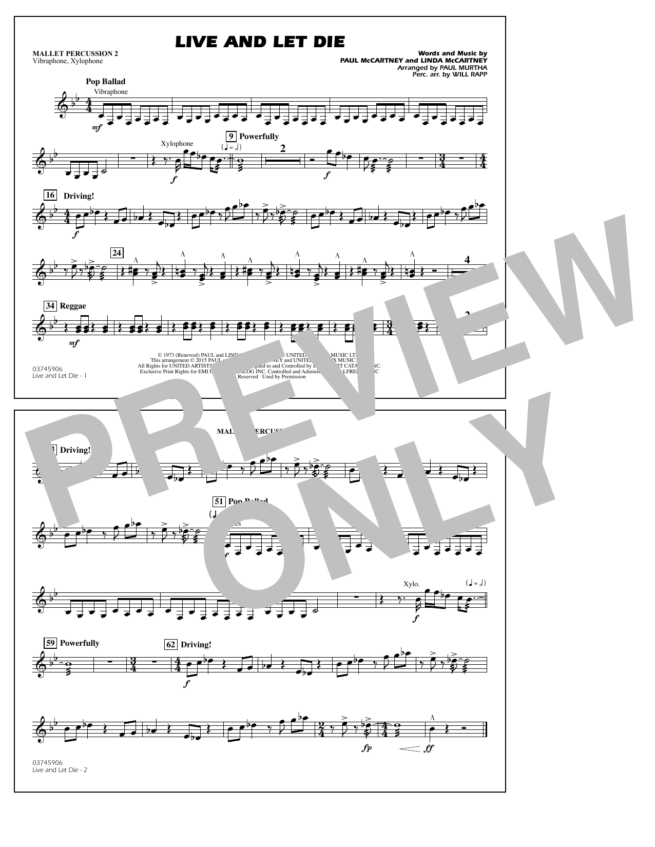 Paul Murtha Live and Let Die - Mallet Percussion 2 Sheet Music Notes & Chords for Marching Band - Download or Print PDF