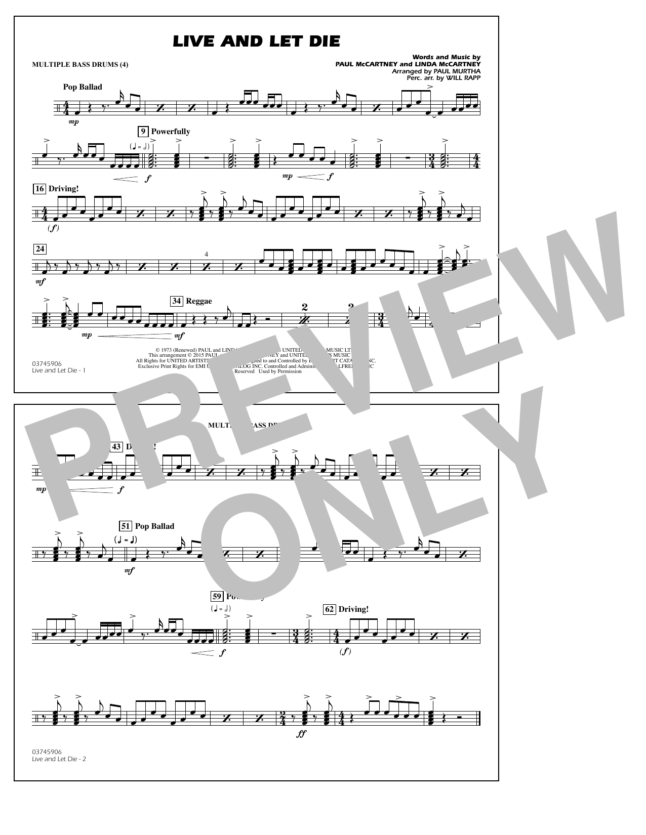 Paul Murtha Live and Let Die - Multiple Bass Drums Sheet Music Notes & Chords for Marching Band - Download or Print PDF