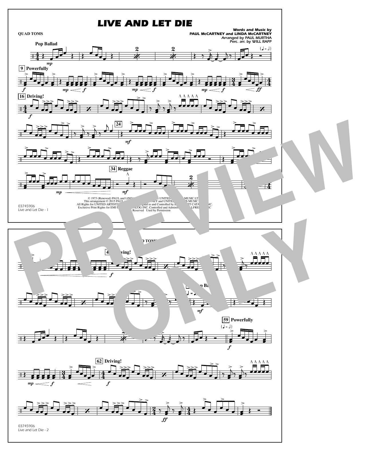 Paul Murtha Live and Let Die - Quad Toms Sheet Music Notes & Chords for Marching Band - Download or Print PDF
