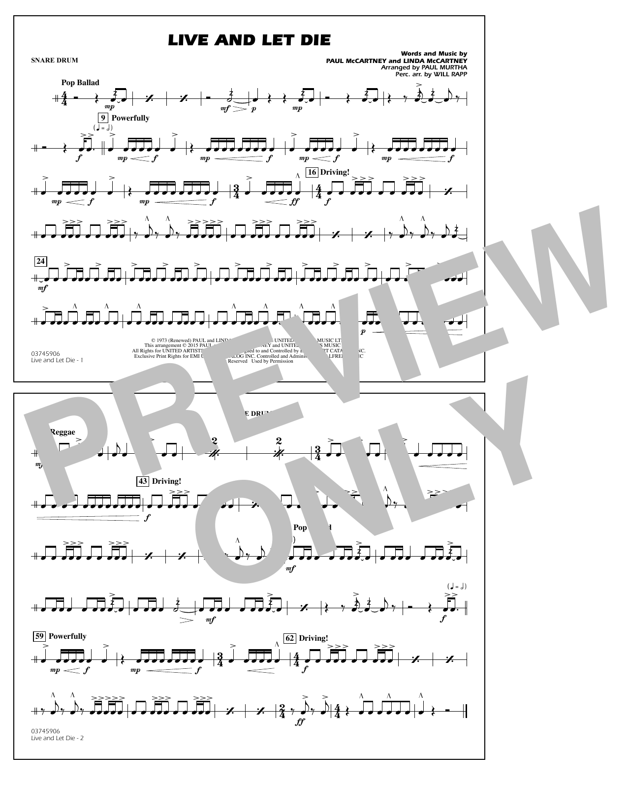 Paul Murtha Live and Let Die - Snare Drum Sheet Music Notes & Chords for Marching Band - Download or Print PDF