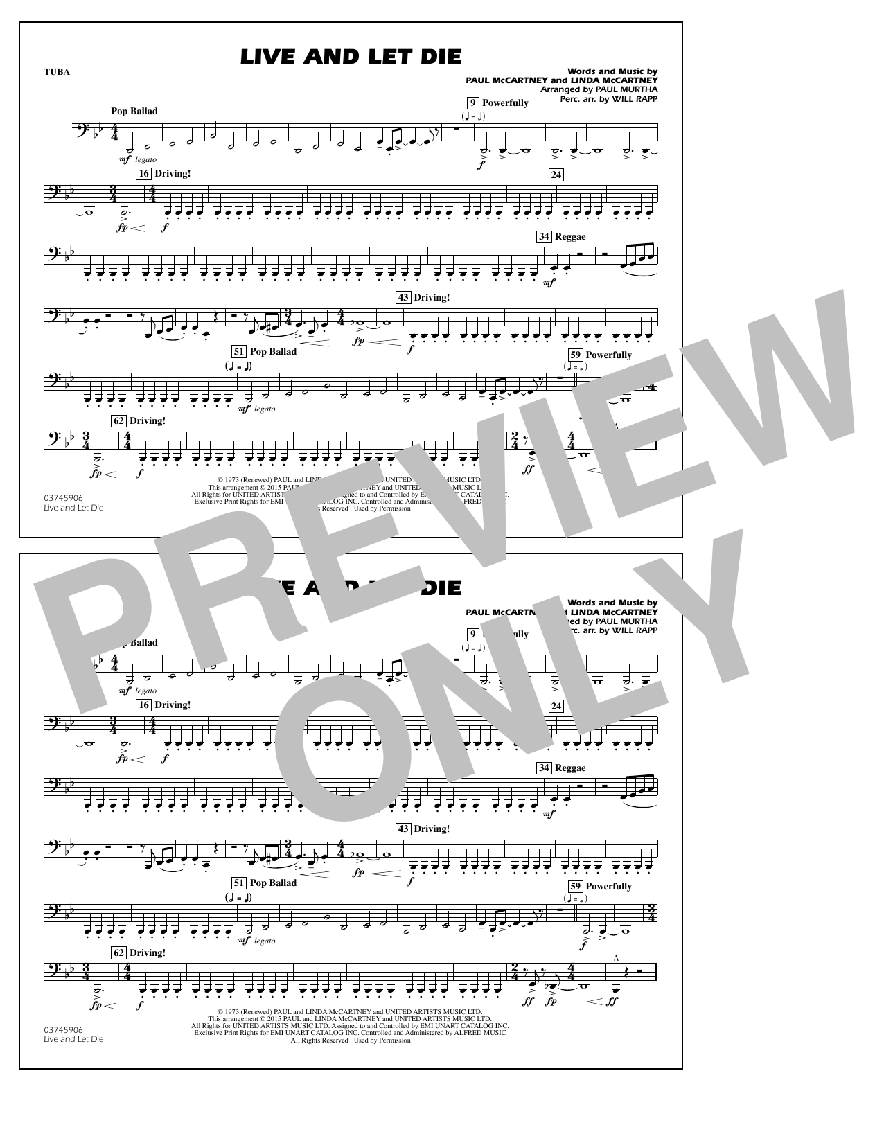 Paul Murtha Live and Let Die - Tuba Sheet Music Notes & Chords for Marching Band - Download or Print PDF