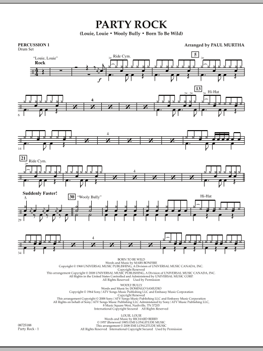 Paul Murtha Party Rock - Percussion 1 Sheet Music Notes & Chords for Concert Band - Download or Print PDF