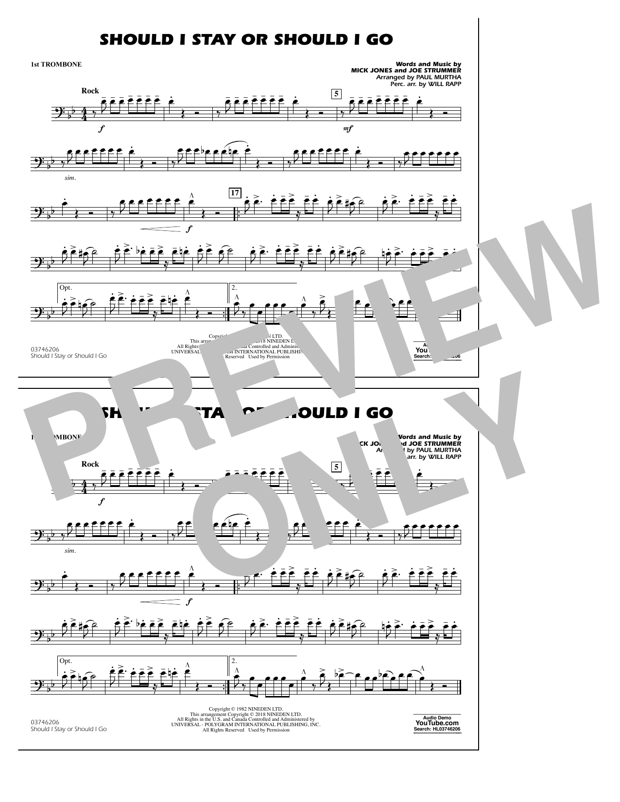 Paul Murtha Should I Stay Or Should I Go - 1st Trombone Sheet Music Notes & Chords for Marching Band - Download or Print PDF