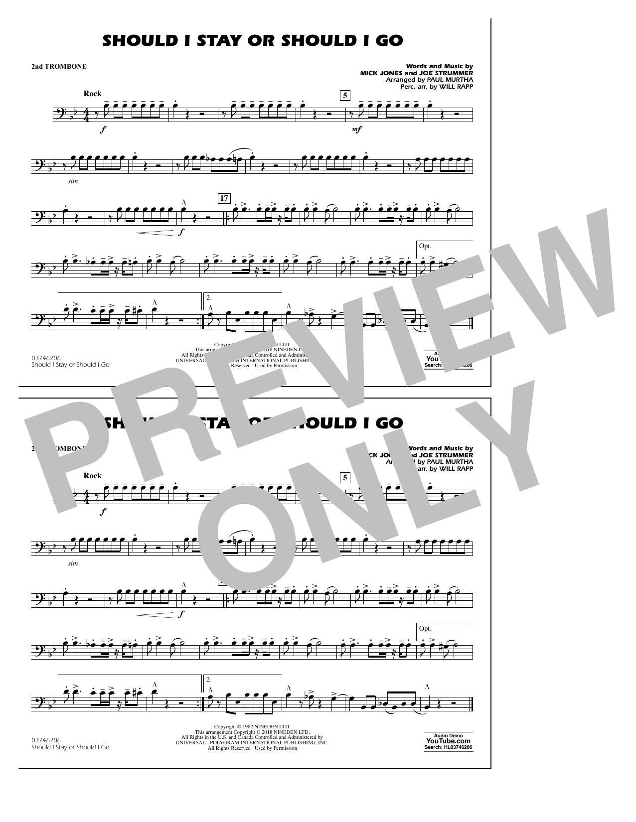 Paul Murtha Should I Stay Or Should I Go - 2nd Trombone Sheet Music Notes & Chords for Marching Band - Download or Print PDF