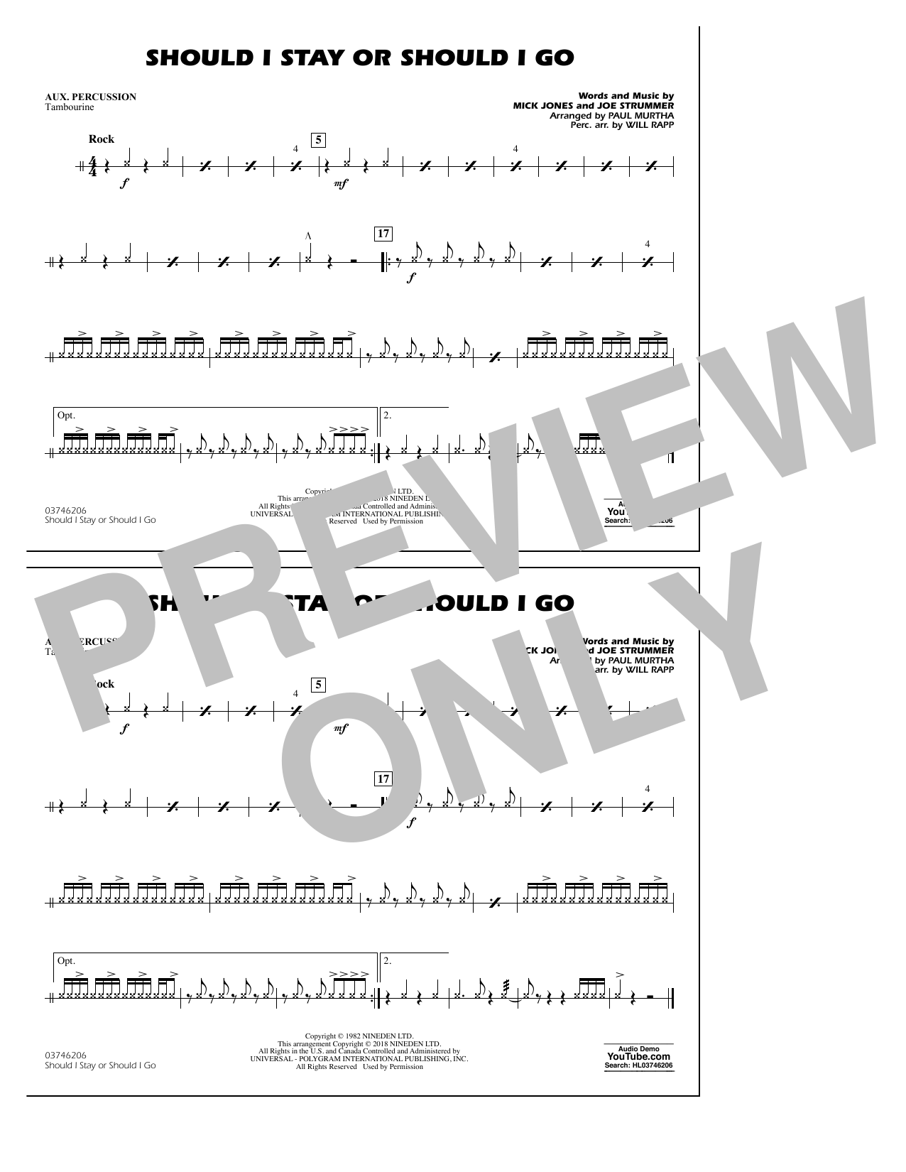 Paul Murtha Should I Stay Or Should I Go - Aux Percussion Sheet Music Notes & Chords for Marching Band - Download or Print PDF