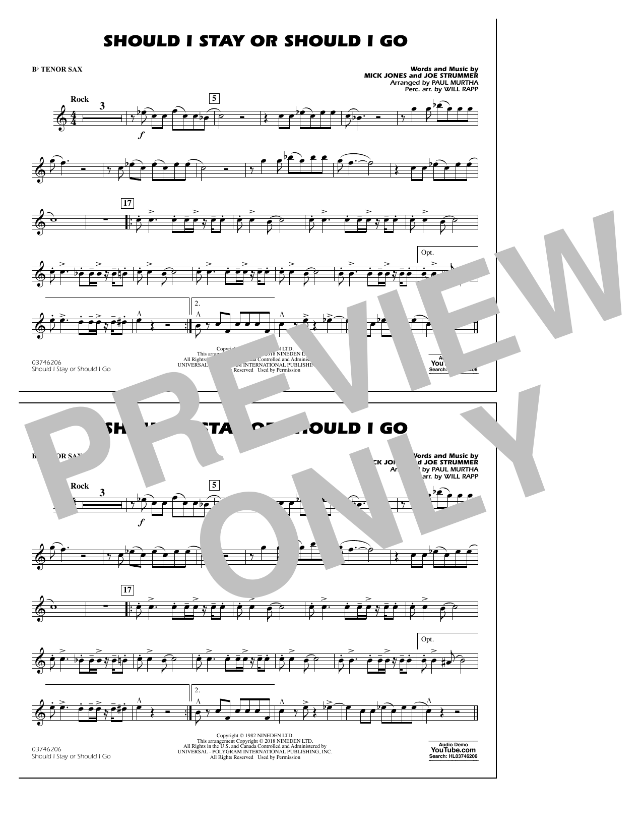 Paul Murtha Should I Stay Or Should I Go - Bb Tenor Sax Sheet Music Notes & Chords for Marching Band - Download or Print PDF